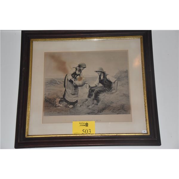 FRAMED PRINT, "THE HAYMAKERS LUNCH"; PRINTED BY JULIEN DUPRE FROM THE ORIGINAL (26 1/2" X 24")