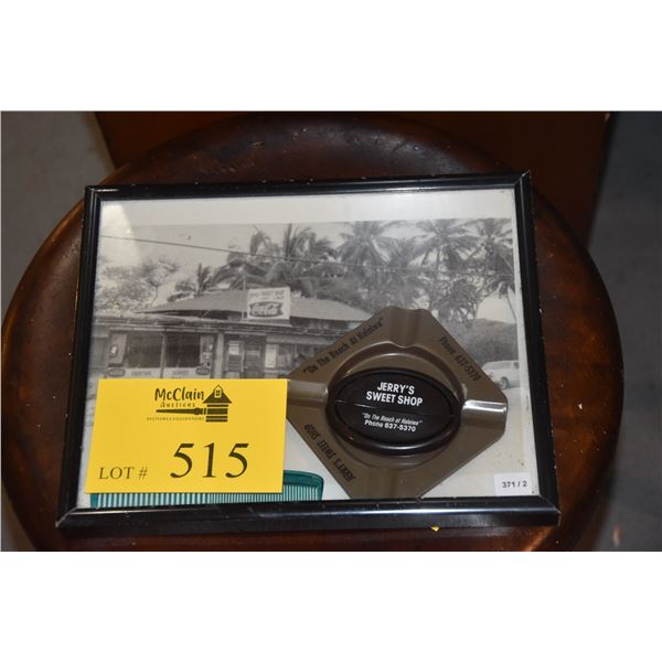 FRAMED PHOTO  JERRY'S SWEET SHOP  ON THE BEACH OF HALEIWA W/COIN PURSE, ASHTRAY & COMB