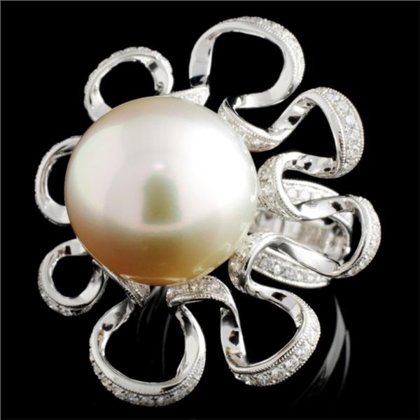 18K WG 14mm S. Sea Pearl & 0.70ct Diamond Ring