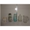 Glass pitcher, vintage jars and bottle
