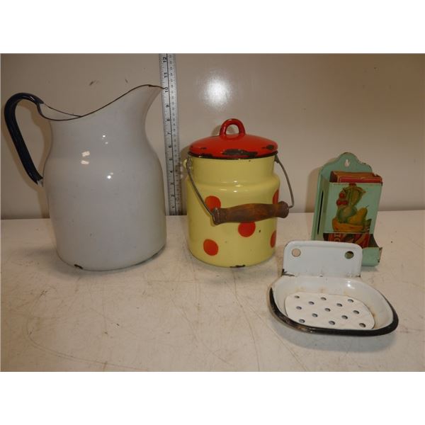 Enamel Ware: Jug, Lidded Bucket, Soapdish