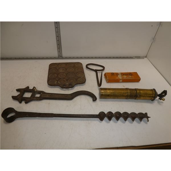 Antique Wrench, Drill, Wetstone, Mold and Hay