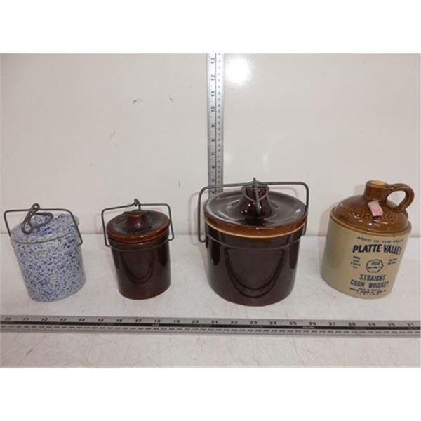 Granite ware crock, McCormick whiskey jug,