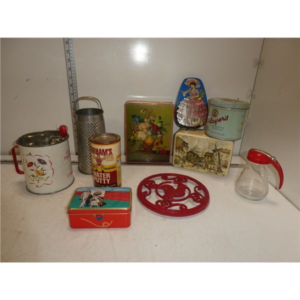 Misc. Vintage Tins, Metal Trivet,Sirup Dispencer,