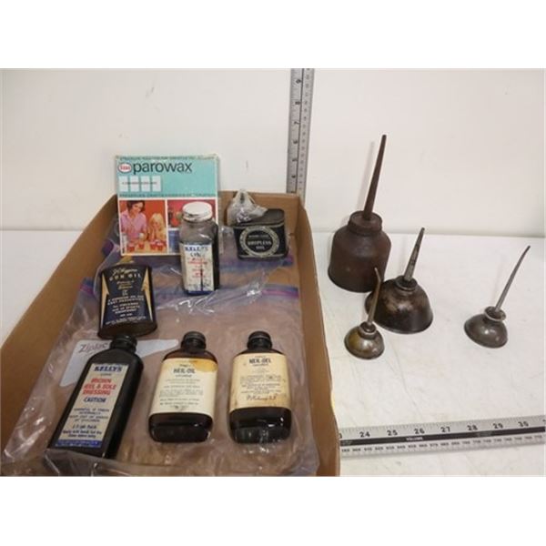 Vintage oil products, parowax, lube cans