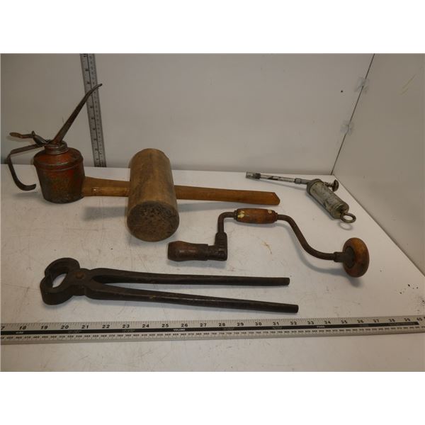 Antique Tools, Wooden Hammer, Drill, Oil Can,