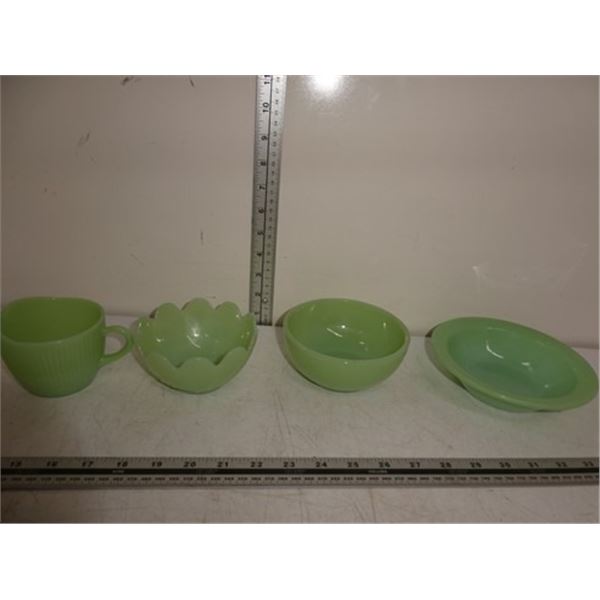 3 Jadeite  glass bowls, cream cup