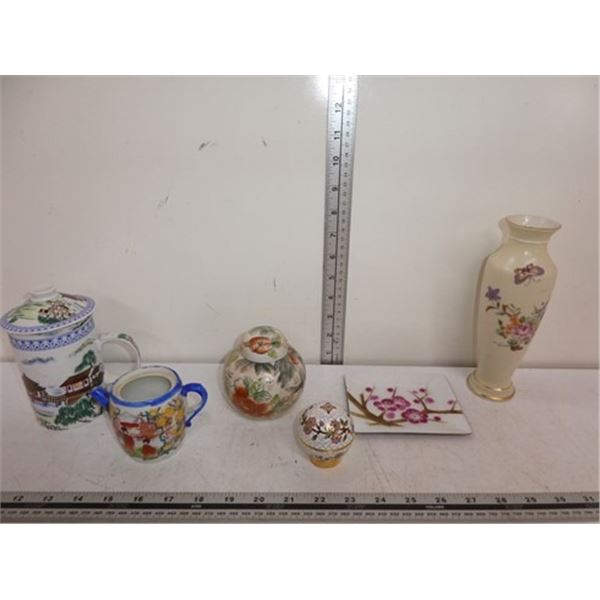 Vintage tea pots, egg holder, decorative plate