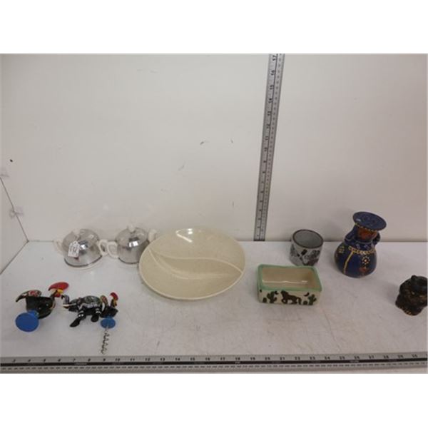 Chicken shaped corkscrew, cream and sugar servers