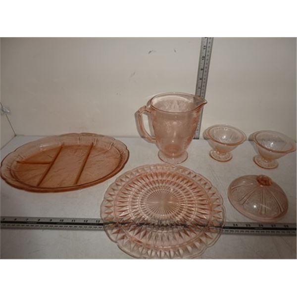 Antique Depression Glass Jug, Serving Trays, Dessr