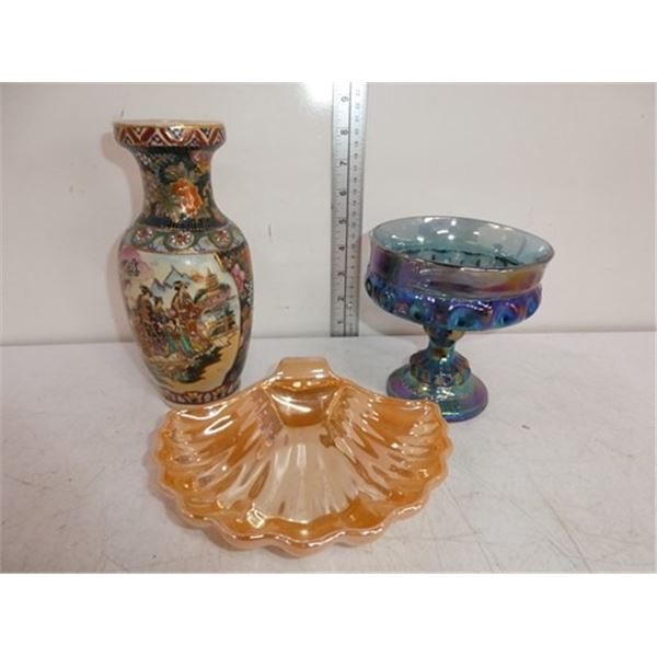 Fire king peach lustre shell dish, pedestal dish,