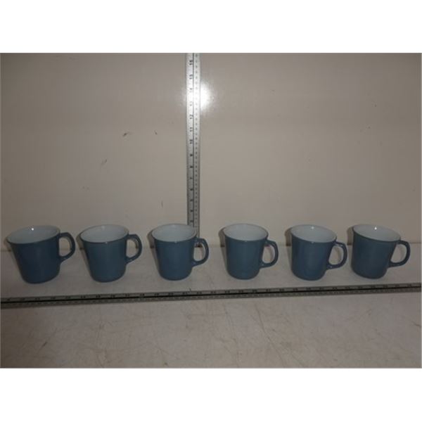 6 blue Pyrex mugs