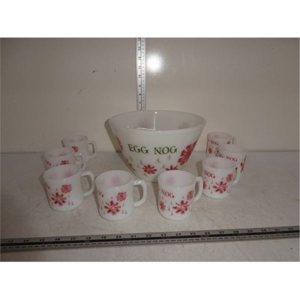 Vintage Fireking egg nog bowl and 8 mugs