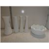 4 White Glass Vases and 1 Candy Dish