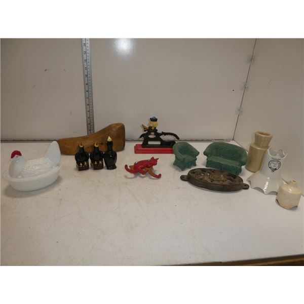 Wooden Shoe Form, White Glass Hens and Chicks,