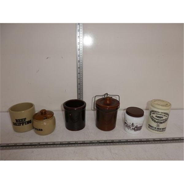 Vintage stoneware cheese crocks, mustard jar,