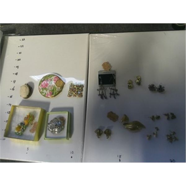 Vintage Jewelry, Brooches, Earrings, Powder Box