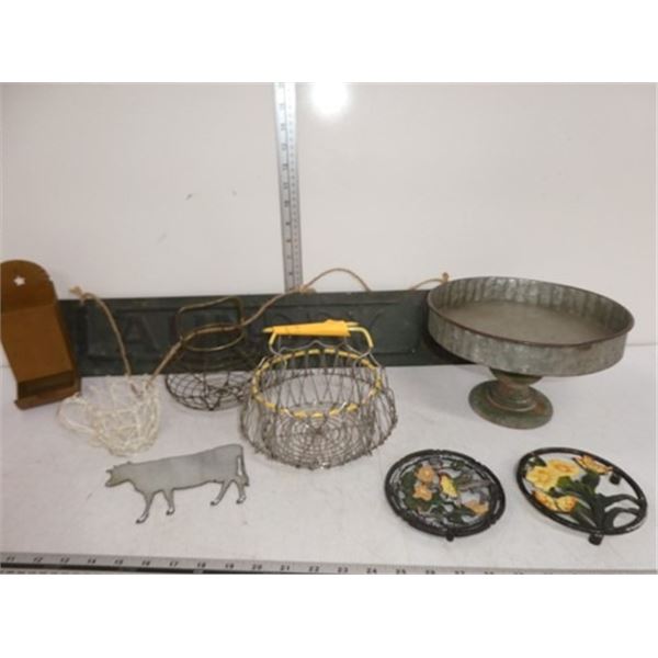 Vintage egg basket, cake plate, laundry hanging