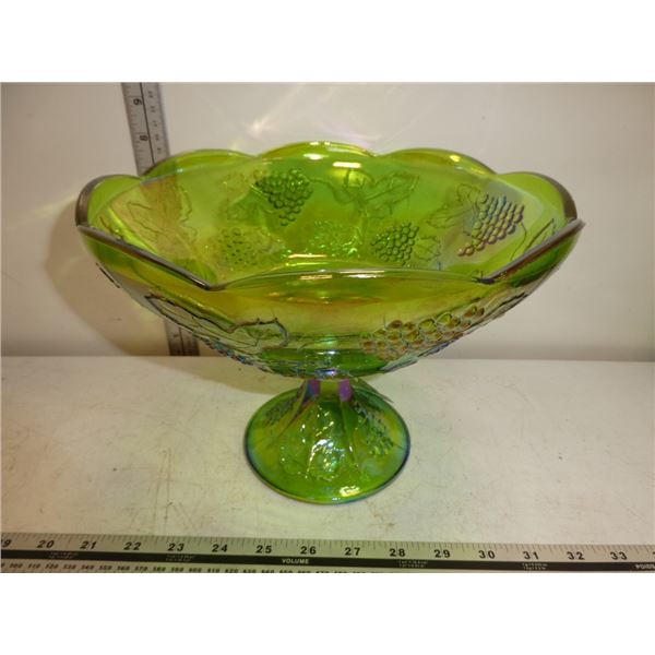 Vintage Green Irisdescent Carnival Glass Footed Bo