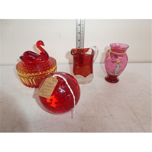 Red glass paper wieght, red glass swan lidded