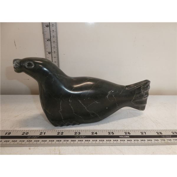 Signed Soapstone Sealion Carving