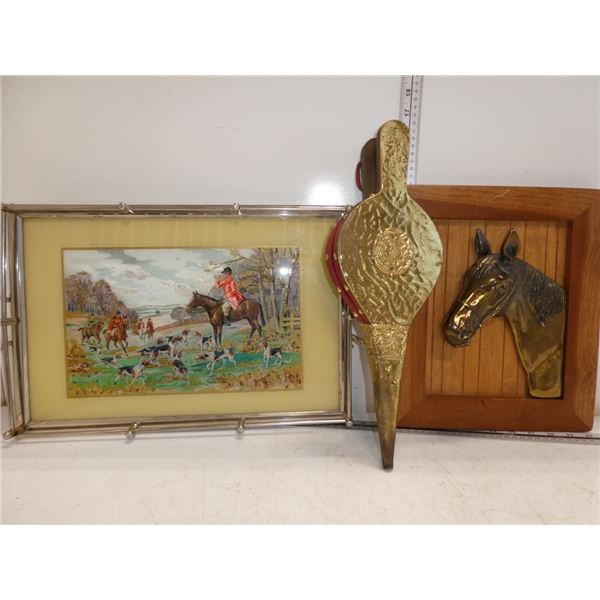 Vintage Hunting Scene Tray, Framed Brass Horse