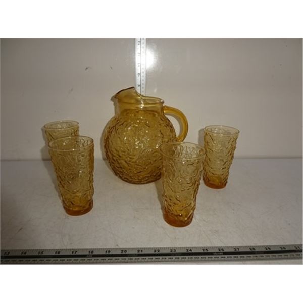 Amber glass pitcher and cup set