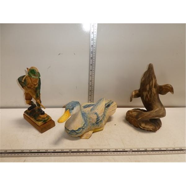 Wooden Carved  Statues, Hunter, Duck and Dolphin