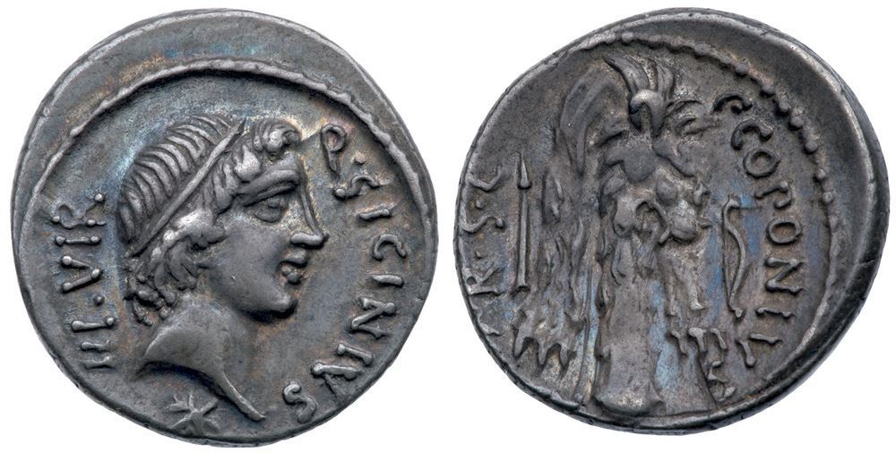 The Pompeians. Q. Sicinius and C. Coponius. Silver Denarius (3.83 g ...
