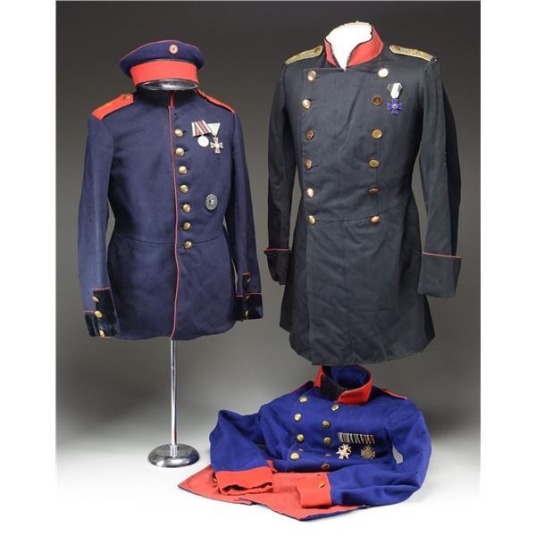 3 IMPERIAL GERMAN UNIFORMS WITH 1 OFFICER'S CAP.