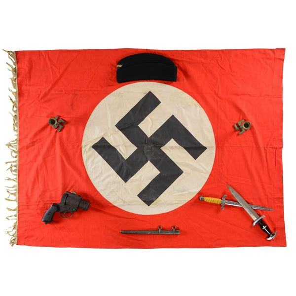 WWII GERMAN DAGGERS, HAT, FLAG, CANDLESTICKS, & A