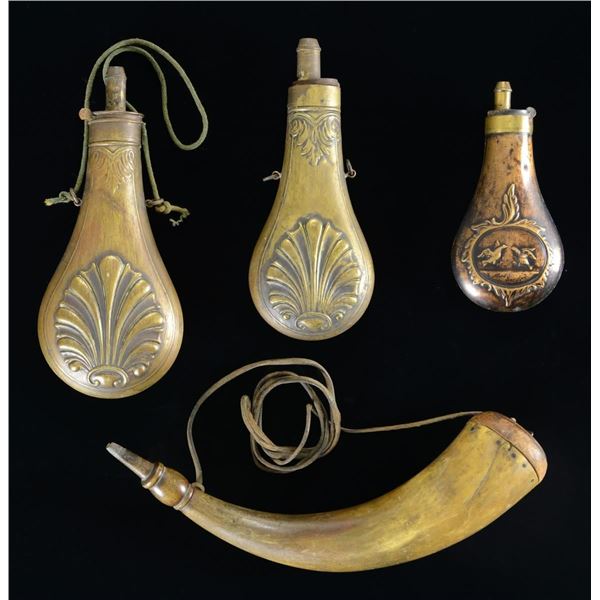 GROUP OF 3 POWDER FLASKS & 1 POWDER HORN.