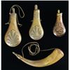 Image 1 : GROUP OF 3 POWDER FLASKS & 1 POWDER HORN.