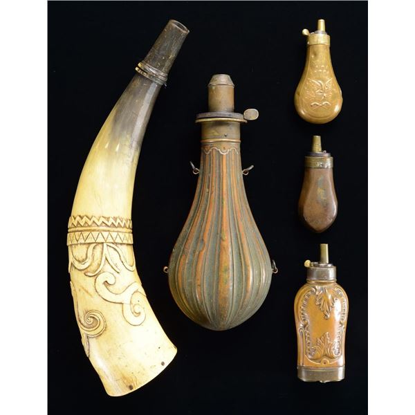 4 POWDER FLASKS & A POWDER HORN.