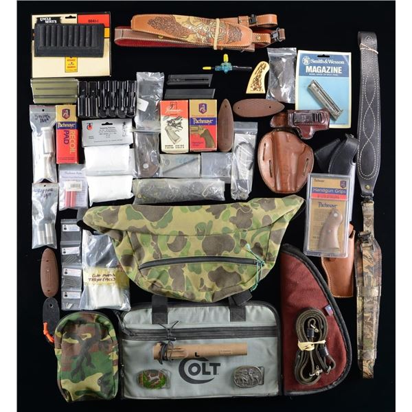 ASSORTED MAGAZINES & GUN ACCESSORIES.