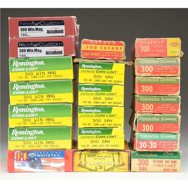 12 BOXES OF 300 WIN MAG., 300 SAVAGE & 30-30 AMMO.