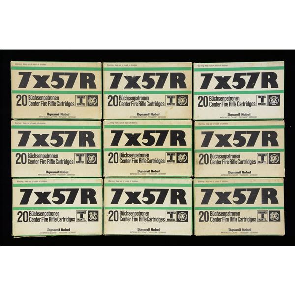 LOT OF 8 BOXES OF DYNAMIT NOBEL 7x57R AMMUNITION.