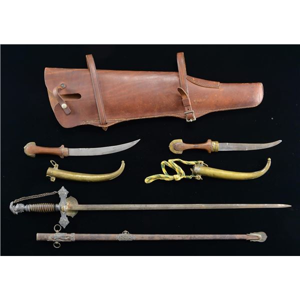 FRATERNAL SWORD, 2 KHANJARS, & RIFLE SCABBARD.