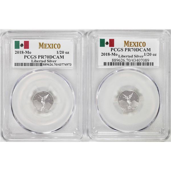Lot of (2) 2018-Mo Mexico Proof 1/20 oz Silver Libertad Coins PCGS PR70DCAM