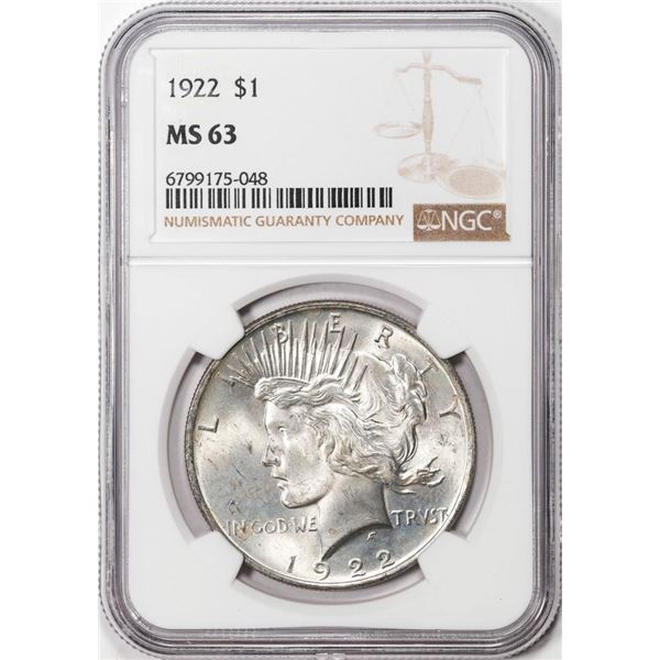 1922 $1 Peace Silver Dollar Coin NGC MS63