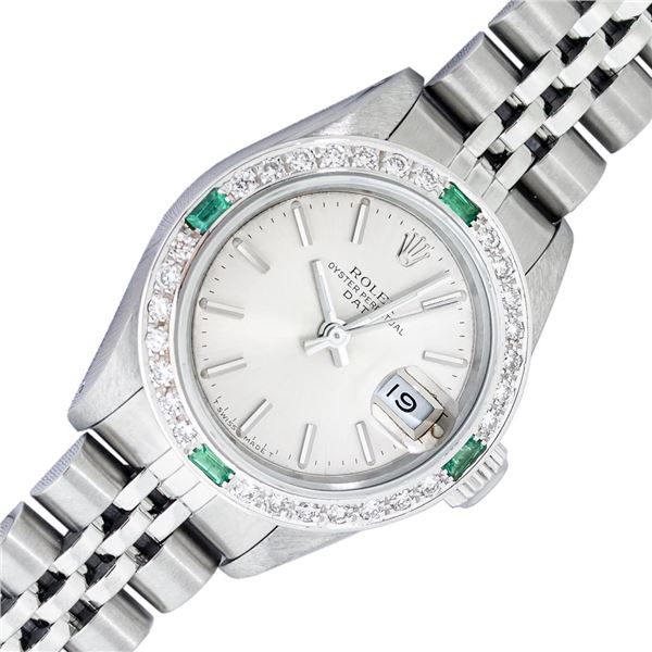 Rolex Stainless Steel Silver Index Emerald and Diamond Date Watch