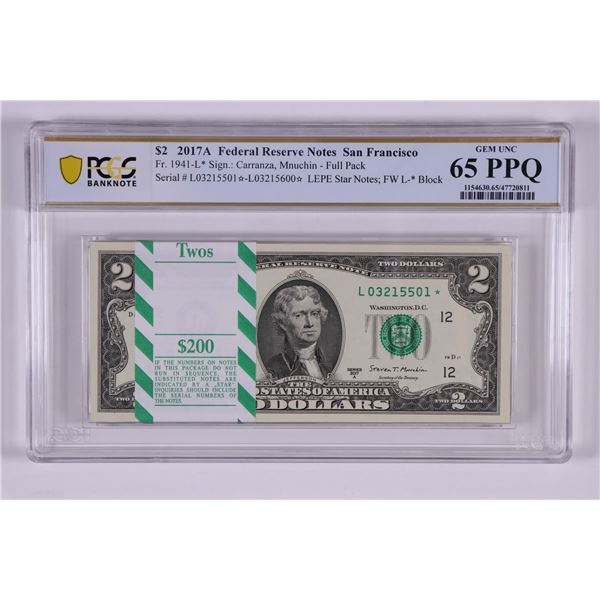 Pack of 2017A $2 Federal Reserve STAR Notes SF Fr.1941-L* PCGS Gem Uncirculated 65PPQ