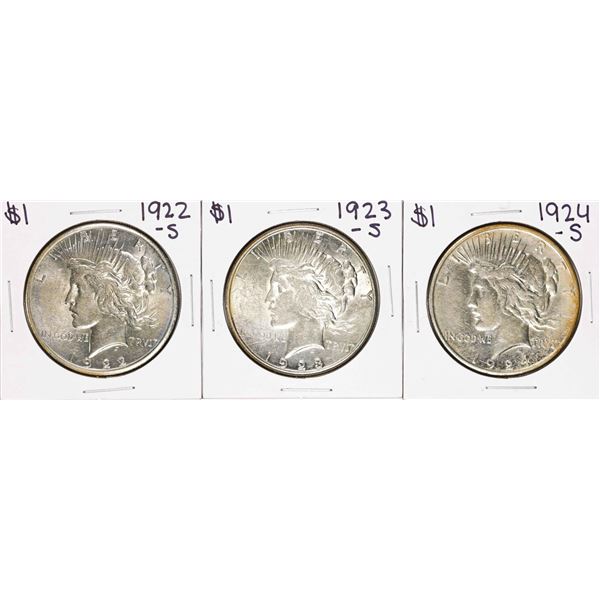 Lot of 1922-S, 1923-S & 1924-S $1 Peace Silver Dollar Coins