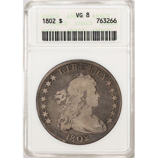 1802 $1 Draped Bust Silver Dollar Coin ANACS VG8