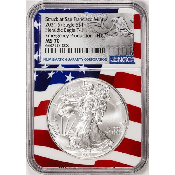 2021(S) Type 1 $1 American Silver Eagle Coin NGC MS70 FDI San Francisco Flag Core