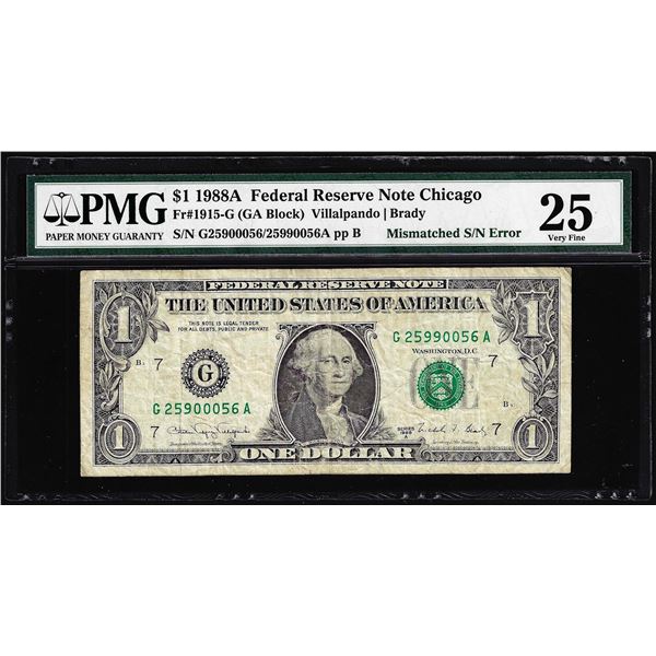 1988A $1 Federal Reserve Note Mismatched Serial Number Error Fr.1915-G PMG Very Fine 25
