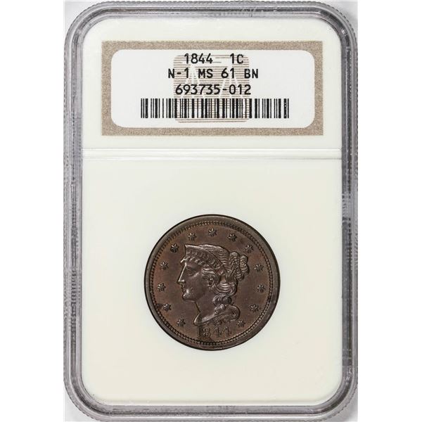 1844 N-1 Coronet Head Large Cent Coin NGC MS61BN