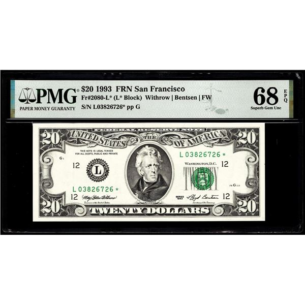 1993 $20 Federal Reserve STAR Note San Francisco Fr.2080-L* PMG Superb Gem Unci 68EPQ