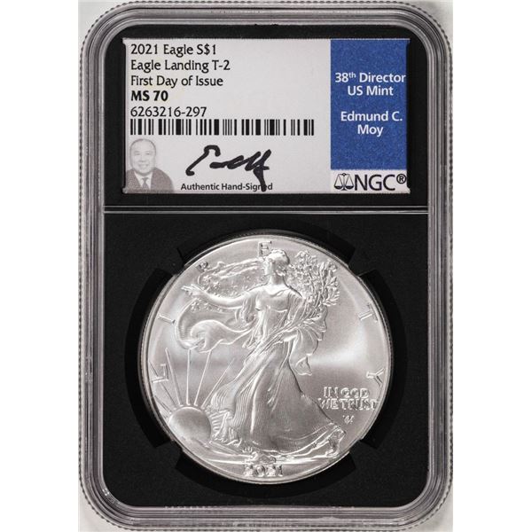 2021 Type 2 $1 American Silver Eagle Coin NGC MS70 FDOI Edmund Moy Signature
