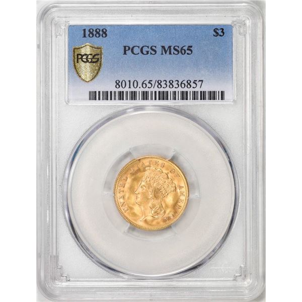 1888 $3 Indian Princess Head Gold Coin PCGS MS65